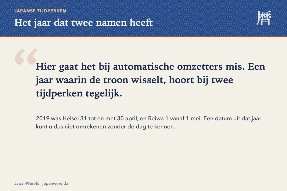 Het jaar dat twee namen heeft 2019 gesplitst in Heisei 31 en Reiwa 1